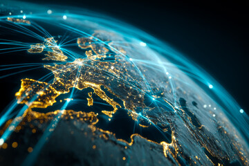 Fototapeta premium Glowing blue Earth from space with illuminated continents and data connections