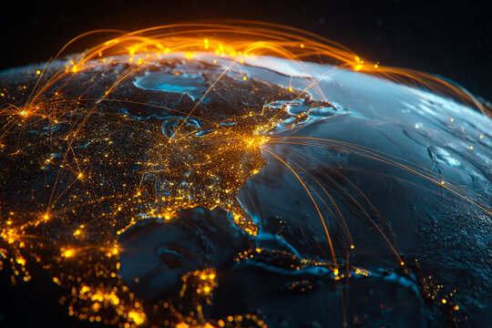 Glowing holographic planet Earth with orange and blue hues showcasing global connections