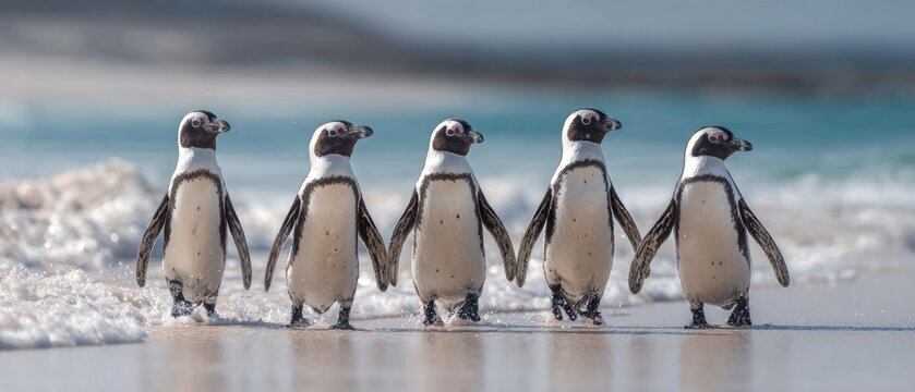 Five penguins walk on a beach