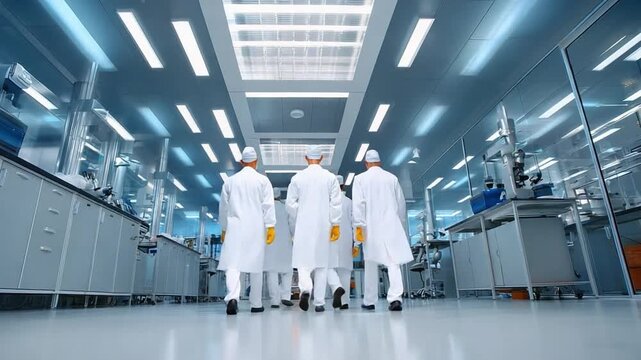 Scientific Progression: A dedicated group of scientists, clad in immaculate white coats, strides confidently through a modern laboratory.