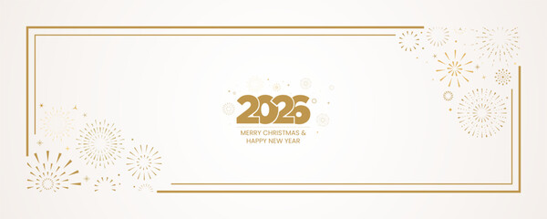 Merry Christmas and happy new year typography gold banner with border, fireworks, confetti, stars on light yellow background. Vector illustration concept for celebration events, greeting card.