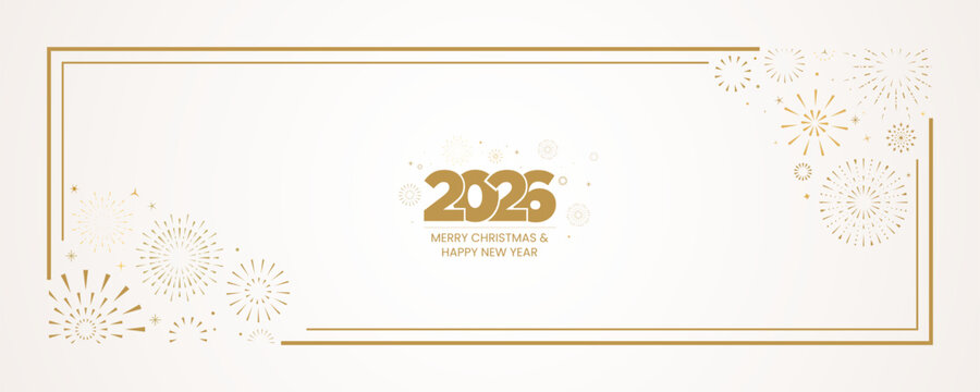 Merry Christmas and happy new year typography gold banner with border, fireworks, confetti, stars on light yellow background. Vector illustration concept for celebration events, greeting card.