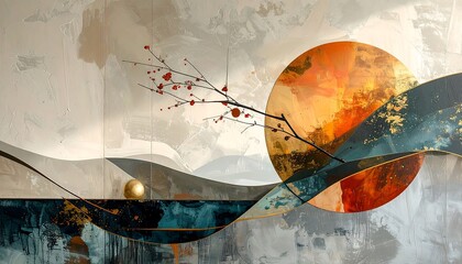 Abstract Landscape with Sun and Branch - A Serene Artistic Expression.