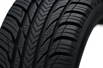 Car tire tread closeup with intricate rubber grooves providing grip and safety, isolated on transparent background