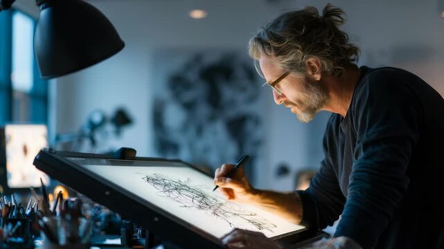 A professional illustrator creates detailed artwork on a digital tablet in a stylish workspace, illuminated by ambient light. The scene captures creativity, technology, and artistic passion in action