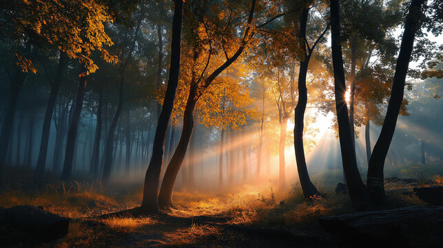 Golden light through misty forest trees, cinematic depth, autumnal calm, with copy space.
