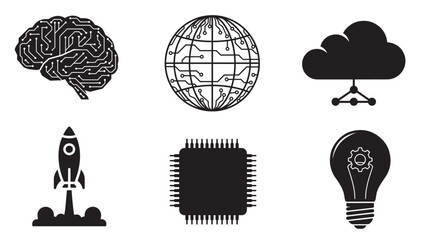 technology and innovation silhouettes collection minimal black vector icon set