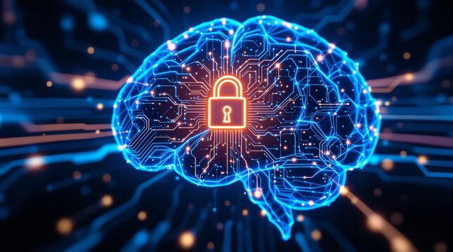 Cybersecurity innovation featuring glowing brain circuit protected by digital padlock icon