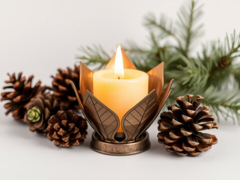 Warm candlelight glow amidst pinecones and evergreen branches festive holiday decor - Powered by Adobe