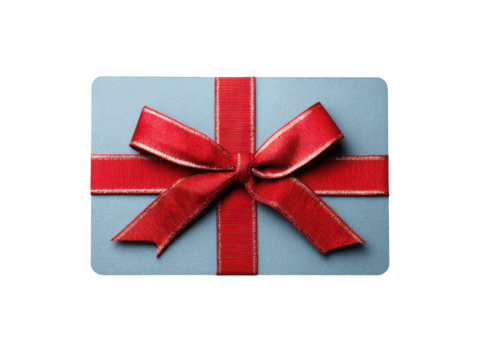 Blue card with red ribbon and bow image, Isolated, Png Transparent Background - Powered by Adobe
