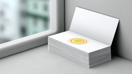 A thick stack of blank white business cards with a simple concentric circle logo rests on a windowsill, leaning against a wall.