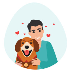 Young man with cute dog portrait. Happy Pet and owner spending time together. vector illustration