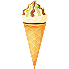 Pixel Art Ice Cream Cone With Vanilla And Chocolate Swirls And Pistachio Topping On Transparent Background