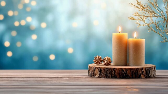 Two lit pillar candles sit on a rustic wooden slice, adorned with small star-shaped ornaments, against a soft blue background with bokeh lights.