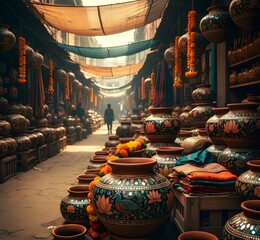 Beautiful decorated pots in Indian market