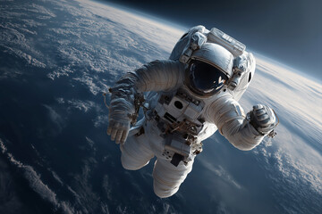 Astronaut in a Detailed White Spacesuit Floating in Earth Orbit with the Curve of the Planet and Clouds Below