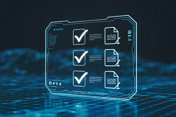 Modern digital checklist interface displays completed tasks and documents on futuristic HUD, signifying efficiency and project success.