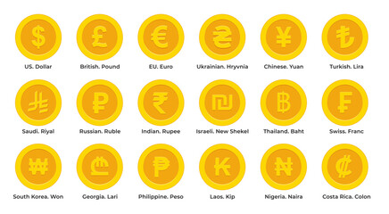 Currency symbols icons set. Vector illustration of coins with international currency symbols. Dollar, Euro, Pound, Rupee, Franc, Ruble, Yen, Won, Lira, Riyal, New shekel, Baht, Colon, Peso,