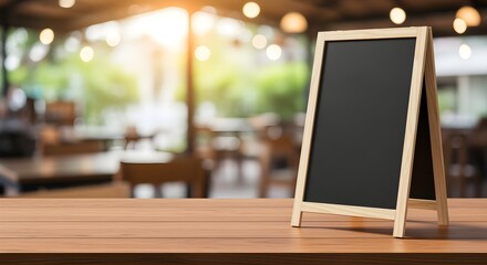 Blank blackboard sign on a rustic wooden table within a charming blurred cafe or restaurant setting, ready for custom messages and daily specials