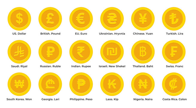 Currency symbols icons set. Vector illustration of coins with international currency symbols. Dollar, Euro, Pound, Rupee, Franc, Ruble, Yen, Won, Lira, Riyal, New shekel, Baht, Colon, Peso,