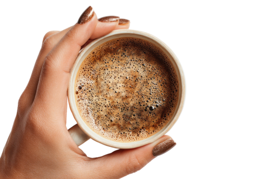 Woman's hand holding a steaming cup of rich, dark coffee - Powered by Adobe