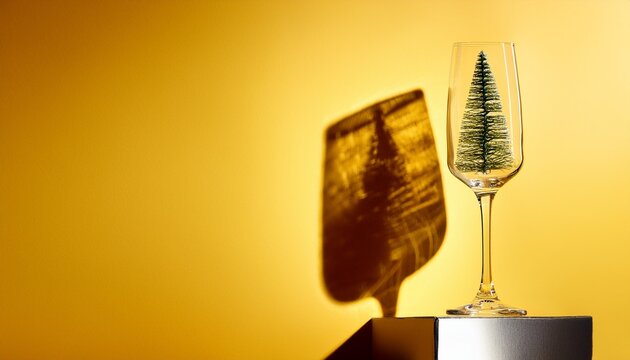 Festive Champagne Glass With Christmas Tree Shadow On Vibrant Yellow Background - Powered by Adobe