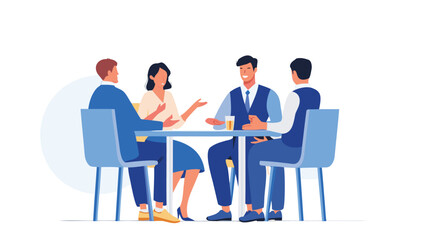 Diverse group of four professionals in business attire engaged in a lively discussion around a table with drinks