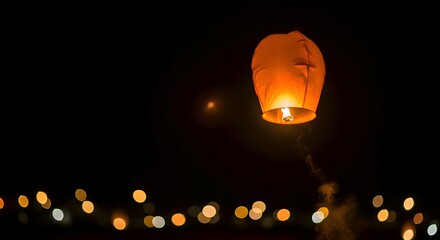 A flying lantern floating in the night sky, cinematic bokeh and soft depth