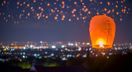 A sky lantern floating in the night sky, cinematic bokeh and soft depth