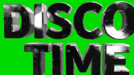 Dynamic 3D chrome text animation of DISCO TIME on a vibrant green screen perfect for retro party invitations music videos and nostalgic event promotions with a classic 70s and 80s vibe.