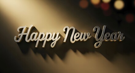 A simple metallic “Happy New Year” sign under cinematic golden light