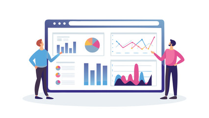 Fototapeta premium Two people analyzing diverse financial charts and graphs displayed on a digital dashboard interface for business intelligence and data visualization