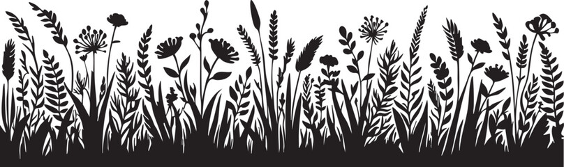 Black and white wildflower meadow vector illustration | floral silhouette border design eps