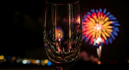 A champagne flute catching reflections of fireworks, cinematic aesthetic tone