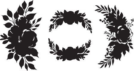 Black floral vector set: rose flower silhouettes, leaves, and wreath design elements eps
