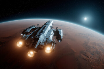 Massive Spaceship With Bright Engines Flies Above A Vast Red Planet With A Glowing Horizon Under A Star-Filled Dark Sky