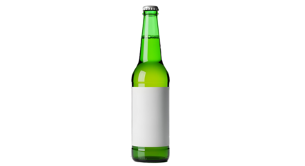 A green beer bottle with a blank white label here on transparent background