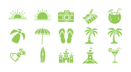 Glyph Icons for summer vacation. This vector illustration includes glyph-style elements such as a sunrise, a camera, a coconut, and others.

