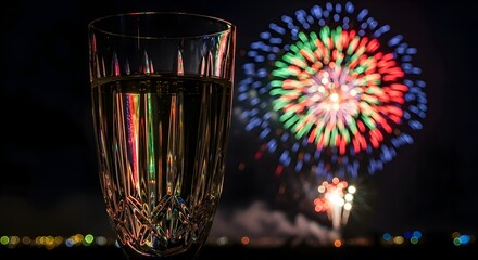 A crystal champagne flute catching reflections of fireworks, cinematic background