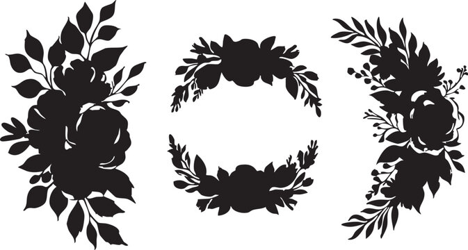 Black floral vector set: rose flower silhouettes, leaves, and wreath design elements eps