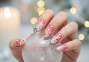 Woman's hand with a festive Christmas manicure holding a holiday ornament. Pink and white ombre nail art with gold stars and pearls. Winter holiday beauty concept