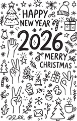 Happy new Year 2026 and Merry Christmas Hand Drawn Doodle style Elements silhouette vector illustration