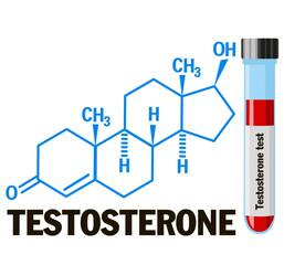 Symbol of testosterone with lab samples. Sex hormone formula chemical structure molecule. Medical icon. A test tube with blood for laboratory tests