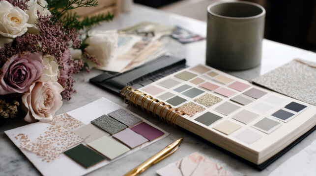 An interior designer's desk features color swatch book, fabric samples, a marble surface, gold pen, rose bouquet. This elegant, luxurious scene is perfect for design, planning, and lifestyle themes
