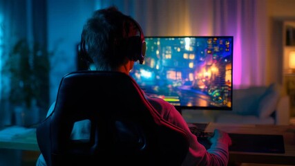 Focused gamer enjoys an intense gaming session at night, surrounded by ambient blue lighting and futuristic decor. High resolution display and ergonomic setup highlight the modern gaming lifestyle - Powered by Adobe