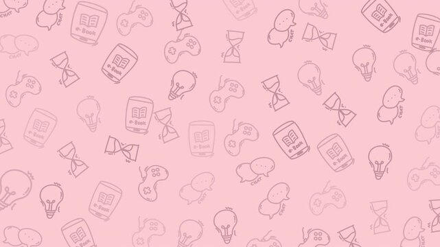 A soft pink background featuring a repeating pattern of various hand-drawn doodle icons like lightbulbs, gamepads, and hourglasses.