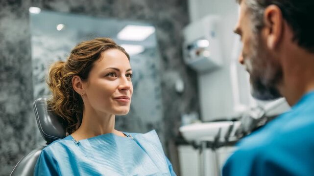 A female patient prepares for a dental examination, smiling and relaxed while talking to her dentist in a contemporary clinic. The scene highlights comfort, care, and professional healthcare service - Powered by Adobe