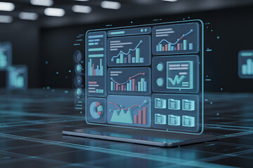 Dynamic futuristic dashboard displaying real time analytics and financial charts on a sleek digital interface, perfect for business growth insights.