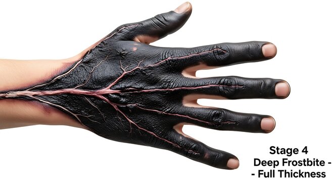 Stage 4 Deep Frostbite Full Thickness Hand with Blackened Skin and Visible Veins.