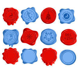 Santa s official mail blue and red wax seal isolated on white background. Special delivery from the North Pole, made in Santas workshop Christmas vintage rubber stamps, labels, badges set